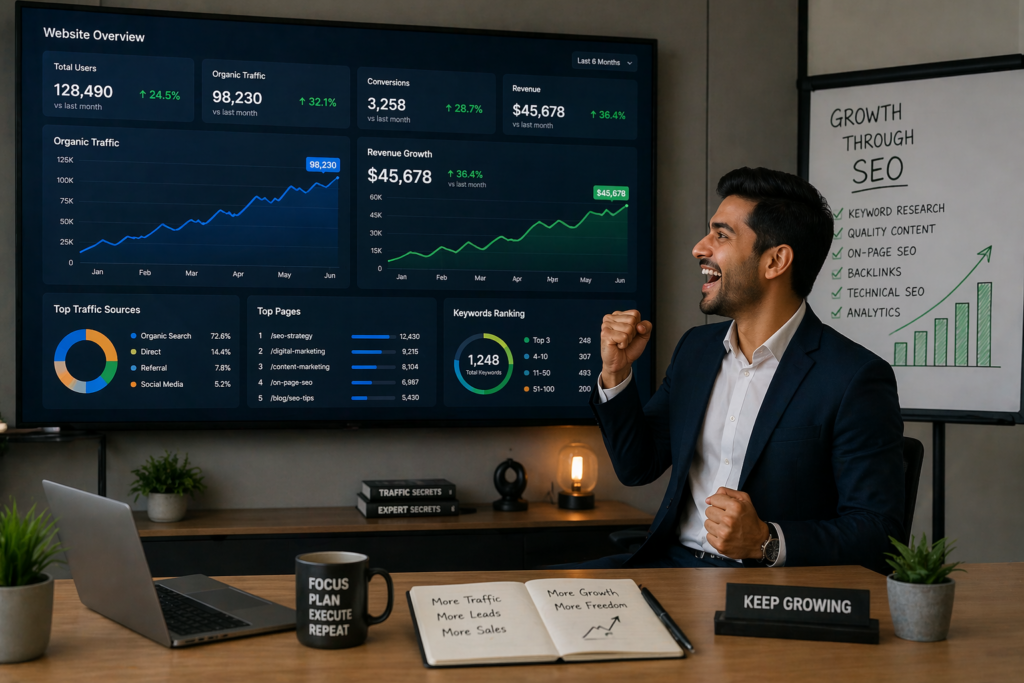 Business growth through SEO with increased traffic and revenue charts.