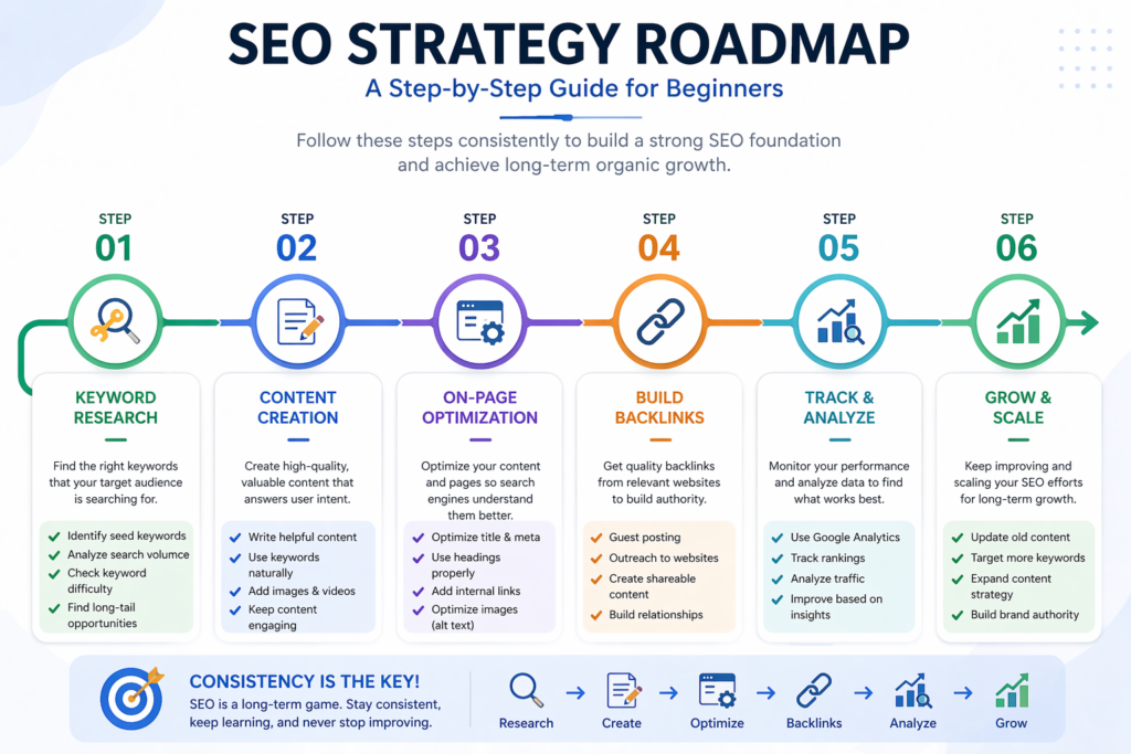 What is SEO in digital marketing beginner strategy roadmap showing keyword research content optimization backlinks and analytics.