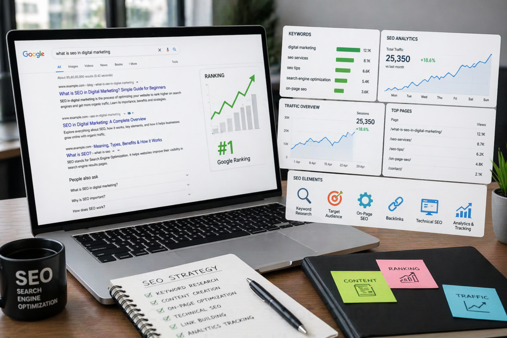 SEO in digital marketing concept showing laptop with Google rankings and analytics dashboard.