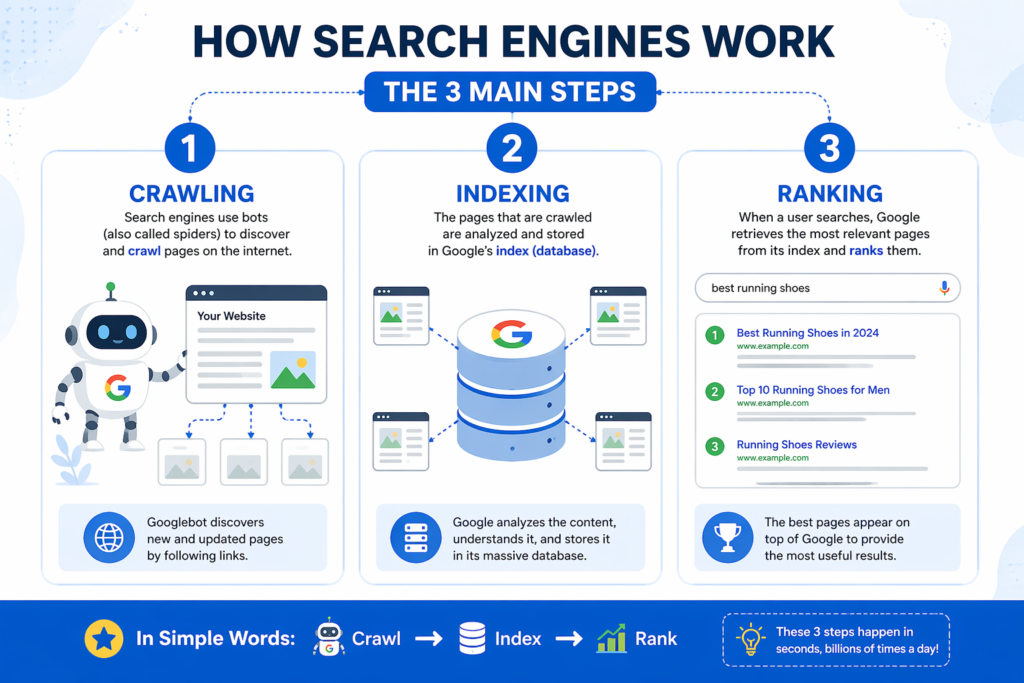 How search engines work with crawling indexing and ranking process infographic.