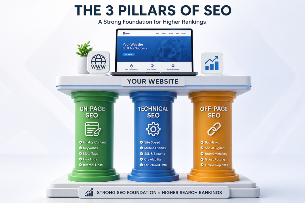 Three pillars of SEO including on page technical and off page SEO.