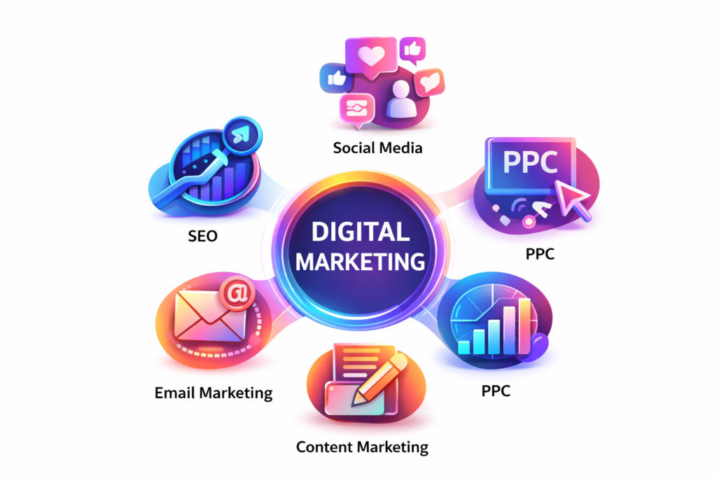 types of digital marketing infographic icons
